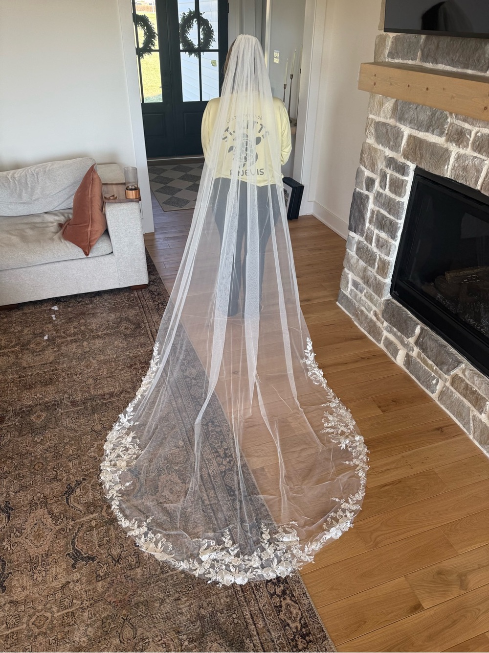 Long Bridal Veil with Floral Lace Edge